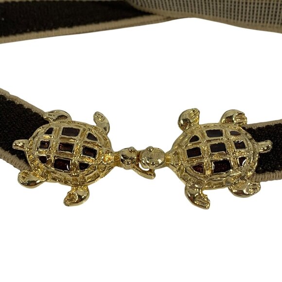 Vintage 70s Enamel/Brass KISSING TURTLE Belt Buckle Elastic Waist Costume Boho